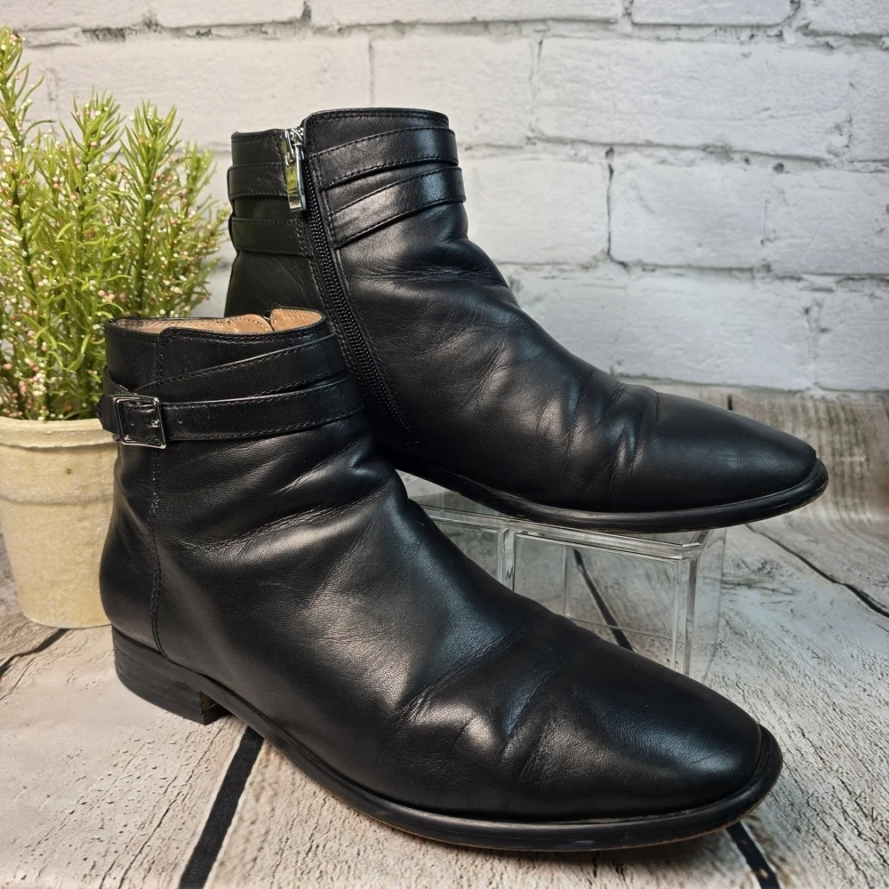 J. JILL BLACK LEATHER WOMENS ANKLE BOOTS SIDE ZIP ROUND TOE BUCKLE 9.5